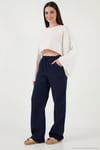 Pamuklu Bağlamalı Relaxed Fit Yüksek Bel Geniş Paça Müslin Kadın Pantolon 5866663 LACİVERT