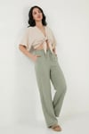 Pamuklu Bağlamalı Relaxed Fit Yüksek Bel Geniş Paça Müslin Kadın Pantolon 5866663 Olive
