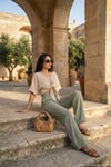 Pamuklu Bağlamalı Relaxed Fit Yüksek Bel Geniş Paça Müslin Kadın Pantolon 5866663 Olive