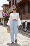 Pamuklu Bağlamalı Relaxed Fit Yüksek Bel Geniş Paça Müslin Kadın Pantolon 5866663 MAVİ