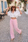 Pamuklu Bağlamalı Relaxed Fit Yüksek Bel Geniş Paça Müslin Kadın Pantolon 5866663 PEMBE