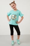 Pamuklu Baskılı Kolları Fırfırlı Bisiklet Yaka Kız Çocuk T Shirt 6211019 MİNT