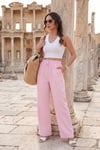 Pamuklu Belden Bağlamalı Yüksek Bel Geniş Paça Cepli Regular Fit Kadın Pantolon 668YP4760 PEMBE