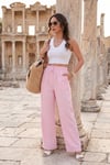 Pamuklu Belden Bağlamalı Yüksek Bel Geniş Paça Cepli Regular Fit Kadın Pantolon 668YP4760 PEMBE