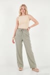 Pamuklu Belden Bağlamalı Yüksek Bel Geniş Paça Cepli Regular Fit Kadın Pantolon 668YP4760 HAKİ