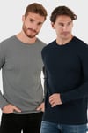 Pamuklu Bisiklet Yaka Normal Kalıp Basic 2'li Paket Erkek Sweat 5905073S2 Açık Haki-Lacivert