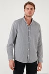 Pamuklu Çizgili Düğmeli Yaka Uzun Kollu Regular Fit Erkek Gömlek CF23S112237 LACİVERT-BEYAZ