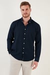 Pamuklu Çizgili Düğmeli Yaka Uzun Kollu Regular Fit Erkek Gömlek CF23S112237 LACİVERT