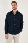Pamuklu Çizgili Düğmeli Yaka Uzun Kollu Regular Fit Erkek Gömlek CF23S112237 LACİVERT