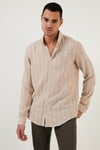 Pamuklu Çizgili Regular Fit Düğmeli Yaka Erkek Gömlek CF21S112480 Taş-Beyaz