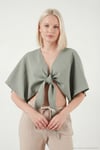 Pamuklu Comfort Fit Bağlamalı Yarasa Kol Kadın Bolero 5866354 Olive