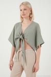 Pamuklu Comfort Fit Bağlamalı Yarasa Kol Kadın Bolero 5866354 Olive