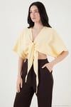 Pamuklu Comfort Fit Bağlamalı Yarasa Kol Kadın Bolero 5866354 SARI