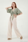 Pamuklu Comfort Fit Yüksek Bel Geniş Paça Kadın Pantolon 668YP5540 TAŞ