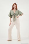 Pamuklu Comfort Fit Yüksek Bel Geniş Paça Kadın Pantolon 668YP5540 TAŞ
