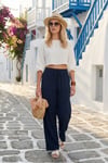Pamuklu Comfort Fit Yüksek Bel Geniş Paça Kadın Pantolon 668YP5540 LACİVERT