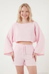 Pamuklu Comfort Fit Yuvarlak Yaka Şortlu Müslin Kadın Takım 5866317 PEMBE