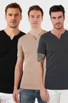 Pamuklu Düğme Detaylı Regular Fit V Yaka 3'lü Paket Erkek T Shirt 5902122S3 Antrasit-Taş-Siyah