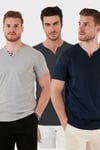 Pamuklu Düğme Detaylı Regular Fit V Yaka 3'lü Paket Erkek T Shirt 5902122S3 Antrasit-İndigo-Gri Melanj