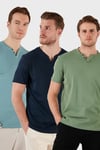 Pamuklu Düğme Detaylı Regular Fit V Yaka 3'lü Paket Erkek T Shirt 5902122S3 İndigo-Açık Mavi-Elma Yeşili