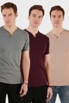 Pamuklu Düğme Detaylı Regular Fit V Yaka 3'lü Paket Erkek T Shirt 5902122S3 Vişne-Taş-Açık Haki