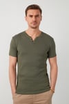 Pamuklu Düğme Detaylı Regular Fit V Yaka 3'lü Paket Erkek T Shirt 5902122S3 Haki-Antrasit-İndigo