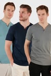 Pamuklu Düğme Detaylı Regular Fit V Yaka 3'lü Paket Erkek T Shirt 5902122S3 İndigo-Açık Mavi-Açık Haki