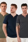 Pamuklu Düğme Detaylı Regular Fit V Yaka 3'lü Paket Erkek T Shirt 5902122S3 Haki-Antrasit-İndigo