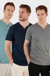 Pamuklu Düğme Detaylı Regular Fit V Yaka 3'lü Paket Erkek T Shirt 5902122S3 İndigo-Açık Mavi-Açık Haki