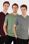 Pamuklu Düğme Detaylı Regular Fit V Yaka 3'lü Paket Erkek T Shirt 5902122S3 Elma Yeşili-Vişne-Açık Haki