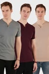 Pamuklu Düğme Detaylı Regular Fit V Yaka 3'lü Paket Erkek T Shirt 5902122S3 Vişne-Taş-Açık Haki