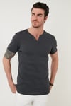 Pamuklu Düğme Detaylı Regular Fit V Yaka 3'lü Paket Erkek T Shirt 5902122S3 Antrasit-Taş-Siyah