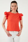 Pamuklu Kolları Fırfırlı Slim Fit Bisiklet Yaka Kadın T Shirt 5864500 NAR ÇİÇEĞİ