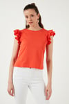 Pamuklu Kolları Fırfırlı Slim Fit Bisiklet Yaka Kadın T Shirt 5864500 NAR ÇİÇEĞİ