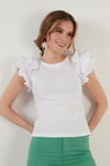 Pamuklu Kolları Fırfırlı Slim Fit Bisiklet Yaka Kadın T Shirt 5864500 BEYAZ
