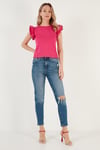 Pamuklu Kolları Fırfırlı Slim Fit Bisiklet Yaka Kadın T Shirt 5864500 FUŞYA