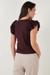 Pamuklu Kolları Fırfırlı Slim Fit Bisiklet Yaka Kadın T Shirt 5864500 VİŞNE