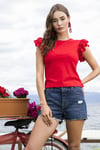 Pamuklu Kolları Fırfırlı Slim Fit Bisiklet Yaka Kadın T Shirt 5864500 KIRMIZI
