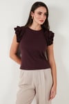 Pamuklu Kolları Fırfırlı Slim Fit Bisiklet Yaka Kadın T Shirt 5864500 VİŞNE