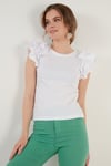 Pamuklu Kolları Fırfırlı Slim Fit Bisiklet Yaka Kadın T Shirt 5864500 BEYAZ