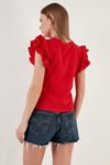 Pamuklu Kolları Fırfırlı Slim Fit Bisiklet Yaka Kadın T Shirt 5864500 KIRMIZI