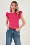 Pamuklu Kolları Fırfırlı Slim Fit Bisiklet Yaka Kadın T Shirt 5864500 FUŞYA