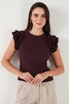 Pamuklu Kolları Fırfırlı Slim Fit Bisiklet Yaka Kadın T Shirt 5864500 VİŞNE
