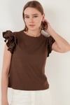 Pamuklu Kolları Fırfırlı Slim Fit Bisiklet Yaka Kadın T Shirt 5864500 KAHVE