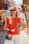 Pamuklu Kolları Fırfırlı Slim Fit Bisiklet Yaka Kadın T Shirt 5864500 NAR ÇİÇEĞİ