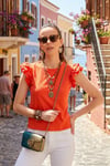 Pamuklu Kolları Fırfırlı Slim Fit Bisiklet Yaka Kadın T Shirt 5864500 NAR ÇİÇEĞİ