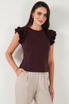 Pamuklu Kolları Fırfırlı Slim Fit Bisiklet Yaka Kadın T Shirt 5864500 VİŞNE