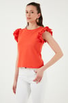 Pamuklu Kolları Fırfırlı Slim Fit Bisiklet Yaka Kadın T Shirt 5864500 NAR ÇİÇEĞİ