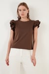Pamuklu Kolları Fırfırlı Slim Fit Bisiklet Yaka Kadın T Shirt 5864500 KAHVE
