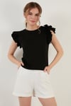 Pamuklu Kolları Fırfırlı Slim Fit Bisiklet Yaka Kadın T Shirt 5864500 SİYAH